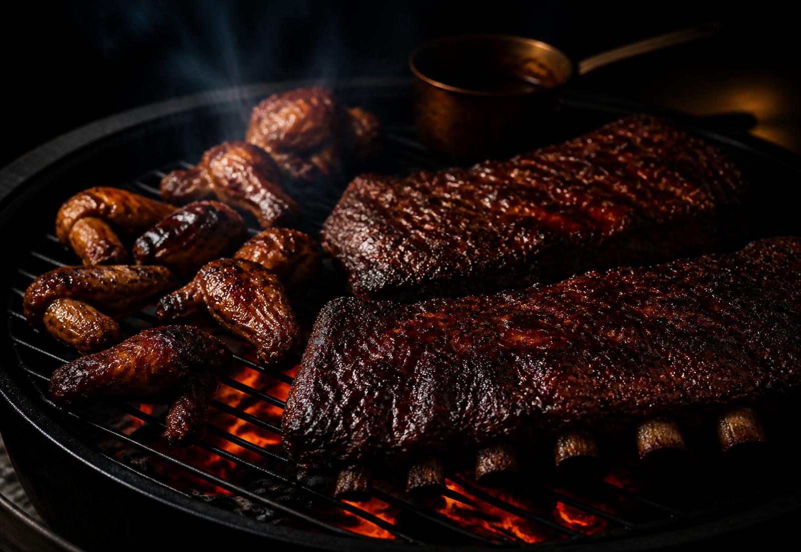 Spareribs und Chicken Wings mit dunkler Barbecue Glasur über glühender Holzkohle